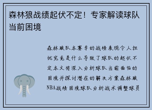 森林狼战绩起伏不定！专家解读球队当前困境