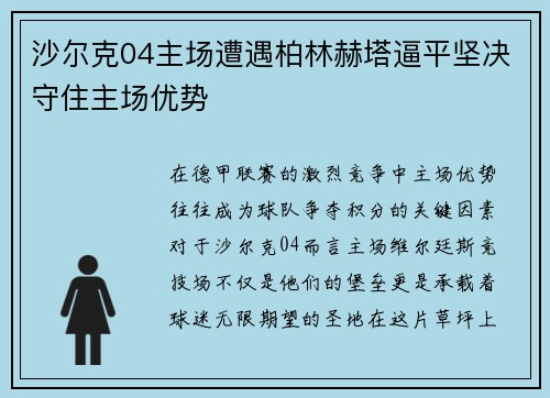 沙尔克04主场遭遇柏林赫塔逼平坚决守住主场优势
