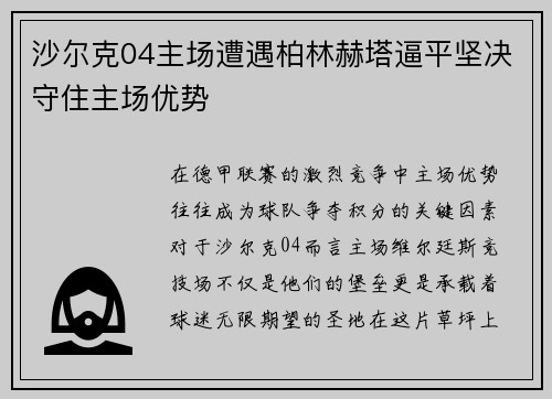 沙尔克04主场遭遇柏林赫塔逼平坚决守住主场优势